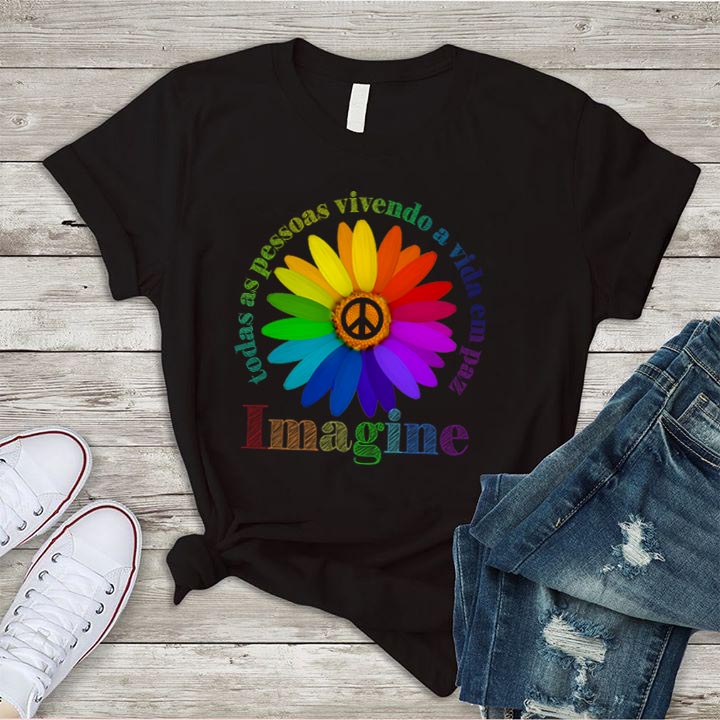 Camiseta Colorful Crisântemo Imagine Todas As Pessoas Vivendo A Vida Em Paz - Image 2