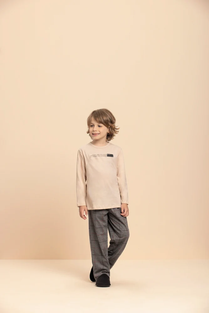 Pijama Manga Longa Masculino Infantil Família Grid em Algodão - Lua Encantada