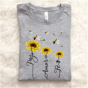 Camiseta Paz Amor Fé Girassol Com Libélula