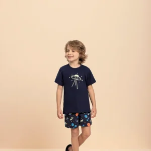 Pijama Manga Curta Masculino Infantil Space em Algodão - Lua Encantada